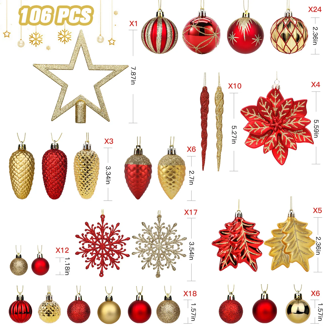106 PCS Red and Gold Christmas Ornaments – Christmas Ball Ornaments Set - Image 3
