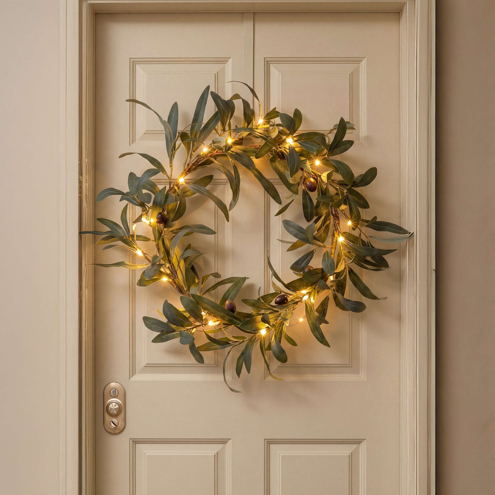 Enchanted Olive Wreath with olive-style leaves, dark olive accents, and warm-looking lights on a door