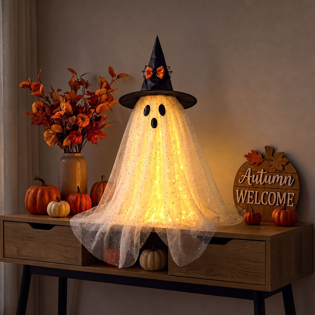 Sparkling Spooky Ghost – Lighted Halloween Decoration with Witch Hat - Image 2