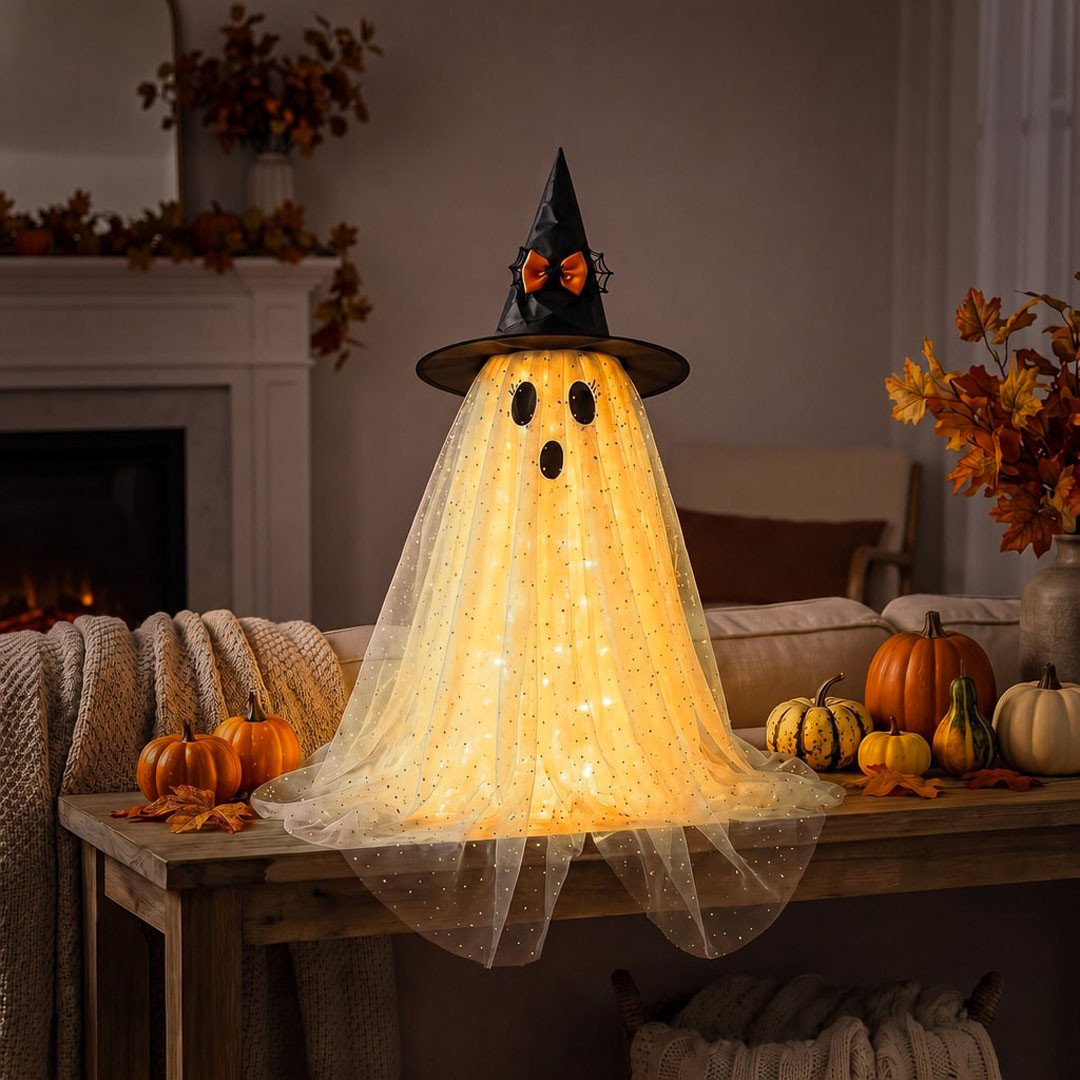 Sparkling Spooky Ghost – Lighted Halloween Decoration with Witch Hat - Image 3
