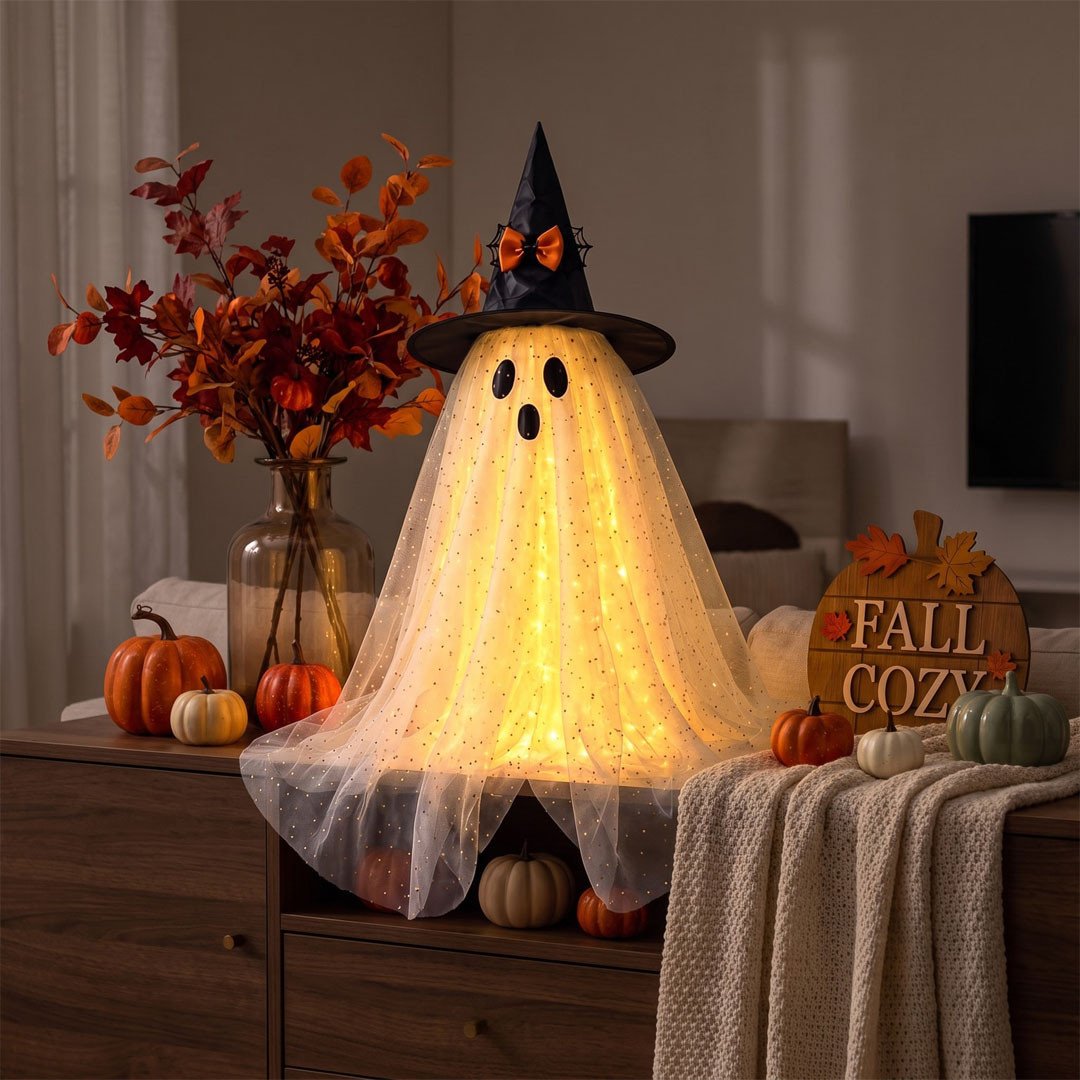 Sparkling Spooky Ghost – Lighted Halloween Decoration with Witch Hat - Image 4