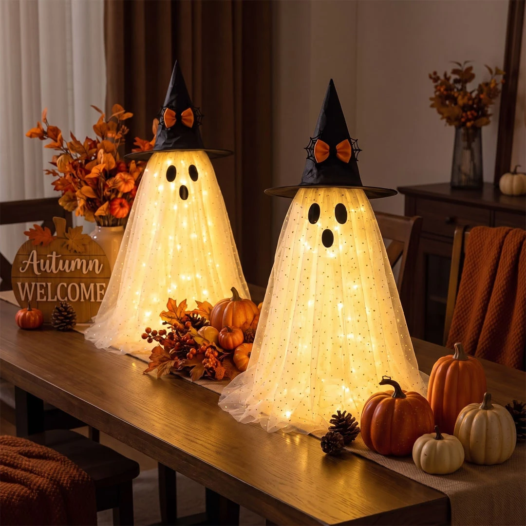 Sparkling Spooky Ghost – Lighted Halloween Decoration with Witch Hat - Image 5