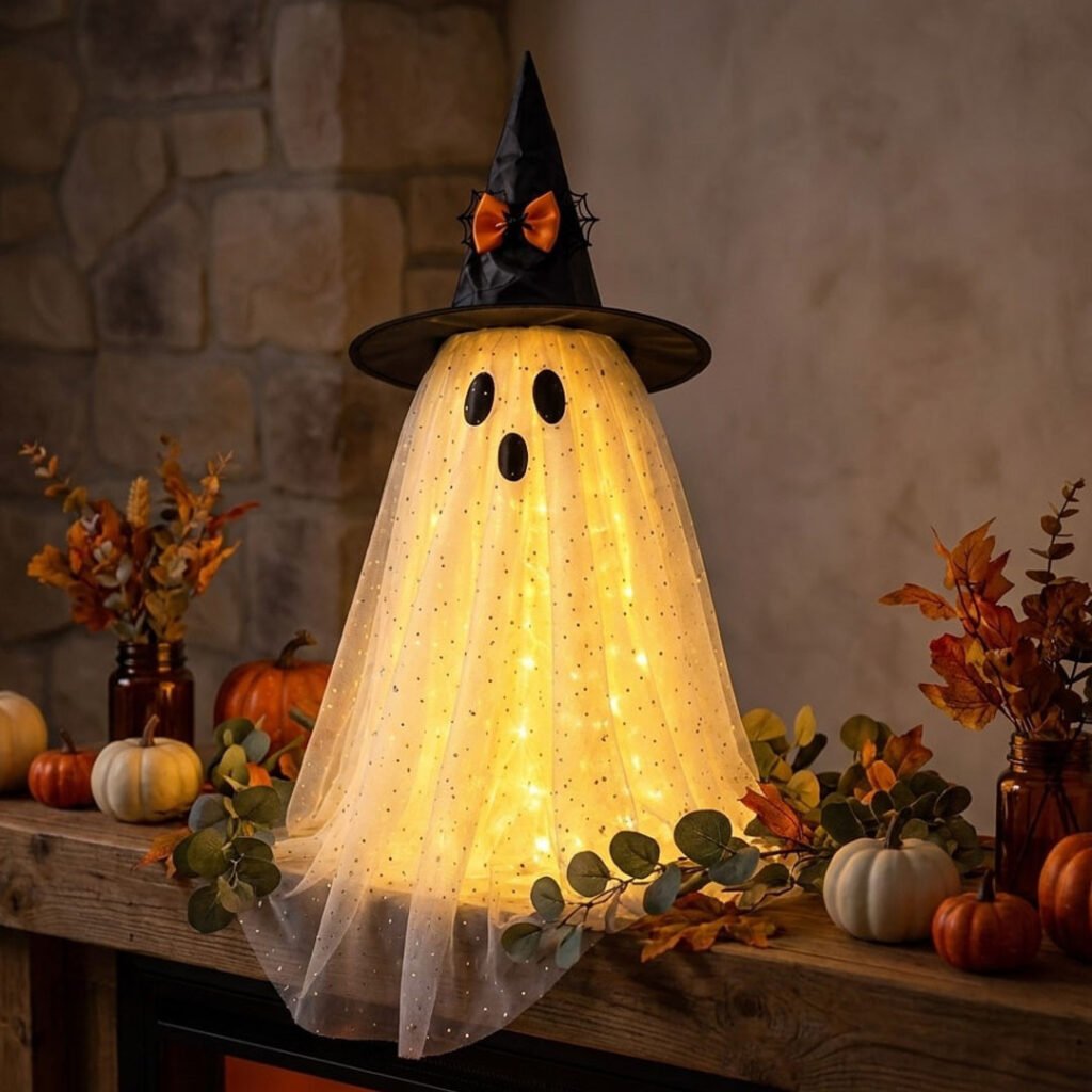Sparkling Spooky Ghost with glowing draped fabric, black witch hat, and orange bow on an autumn console display