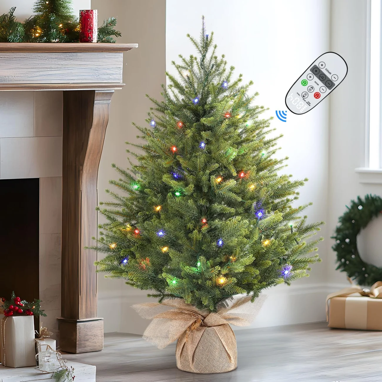 Small artificial Tabletop Christmas Tree with multi-color lights