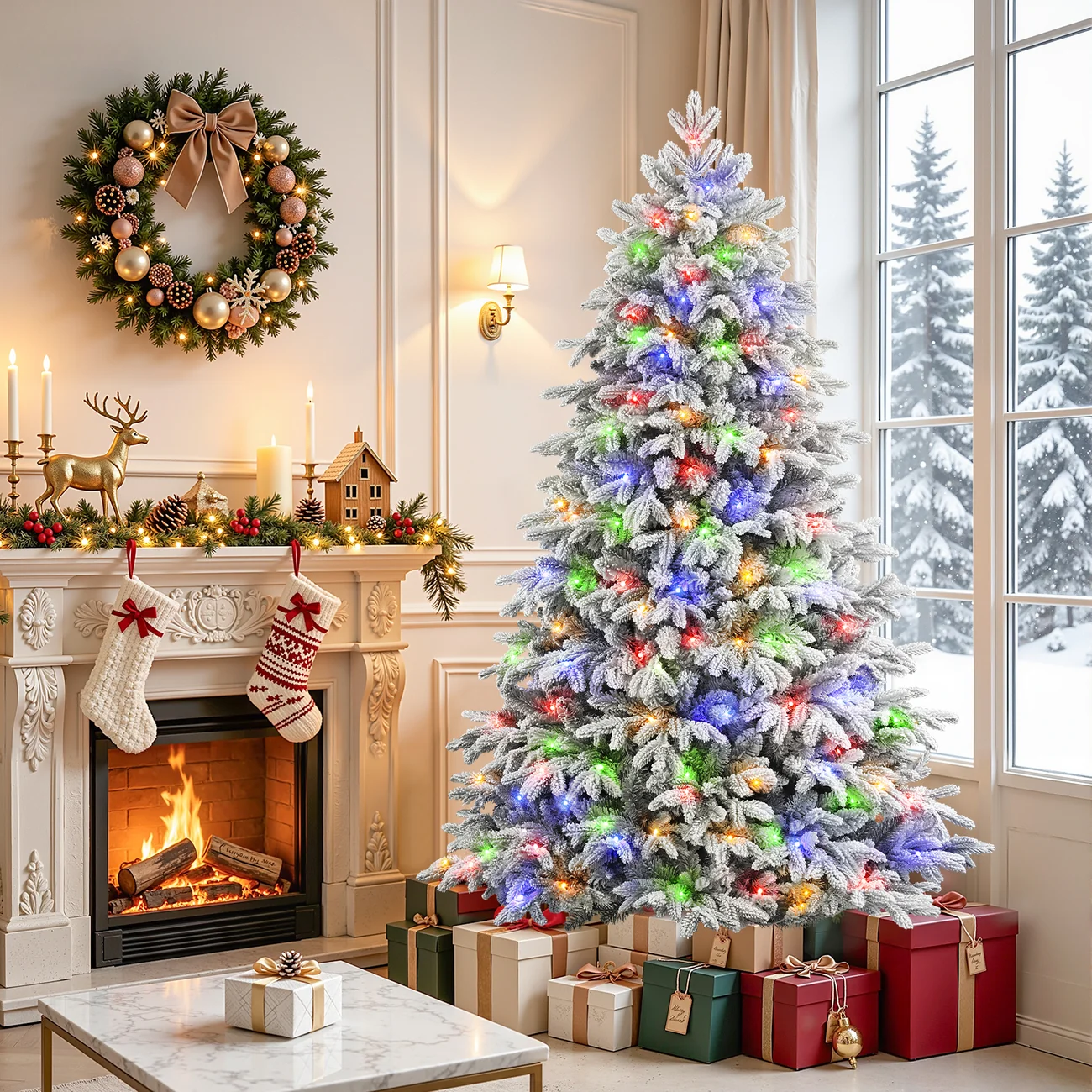 Flocked Cedar Pre-Lit Christmas Tree with 17-Mode Multicolor Lights & Remote, 5.5–7.5 FT - Image 12