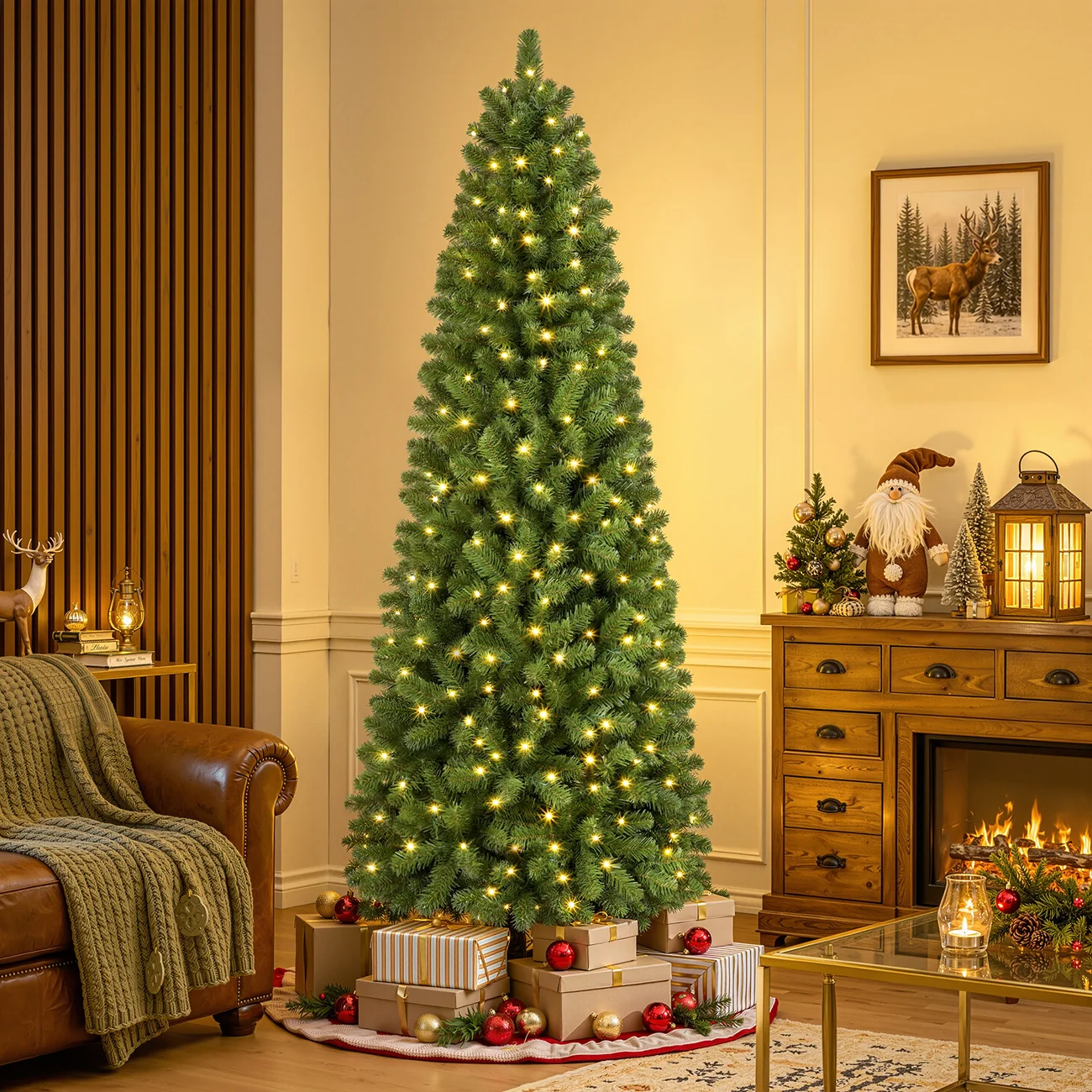 Classic Spruce Artificial Slim Pencil Christmas Tree with Warm White Lights - Image 12