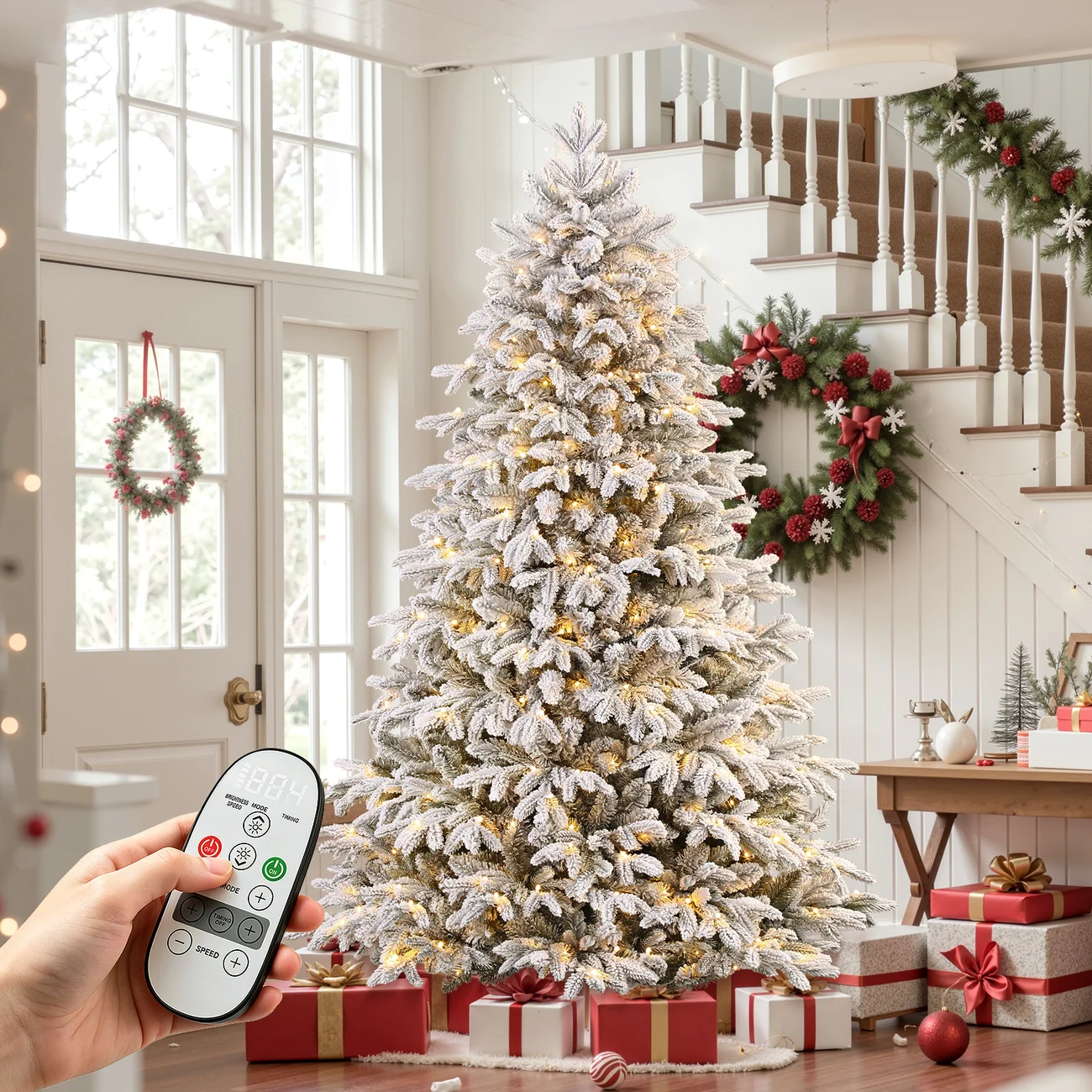 Flocked Cedar Pre-Lit Christmas Tree with 17-Mode Multicolor Lights & Remote, 5.5–7.5 FT - Image 13