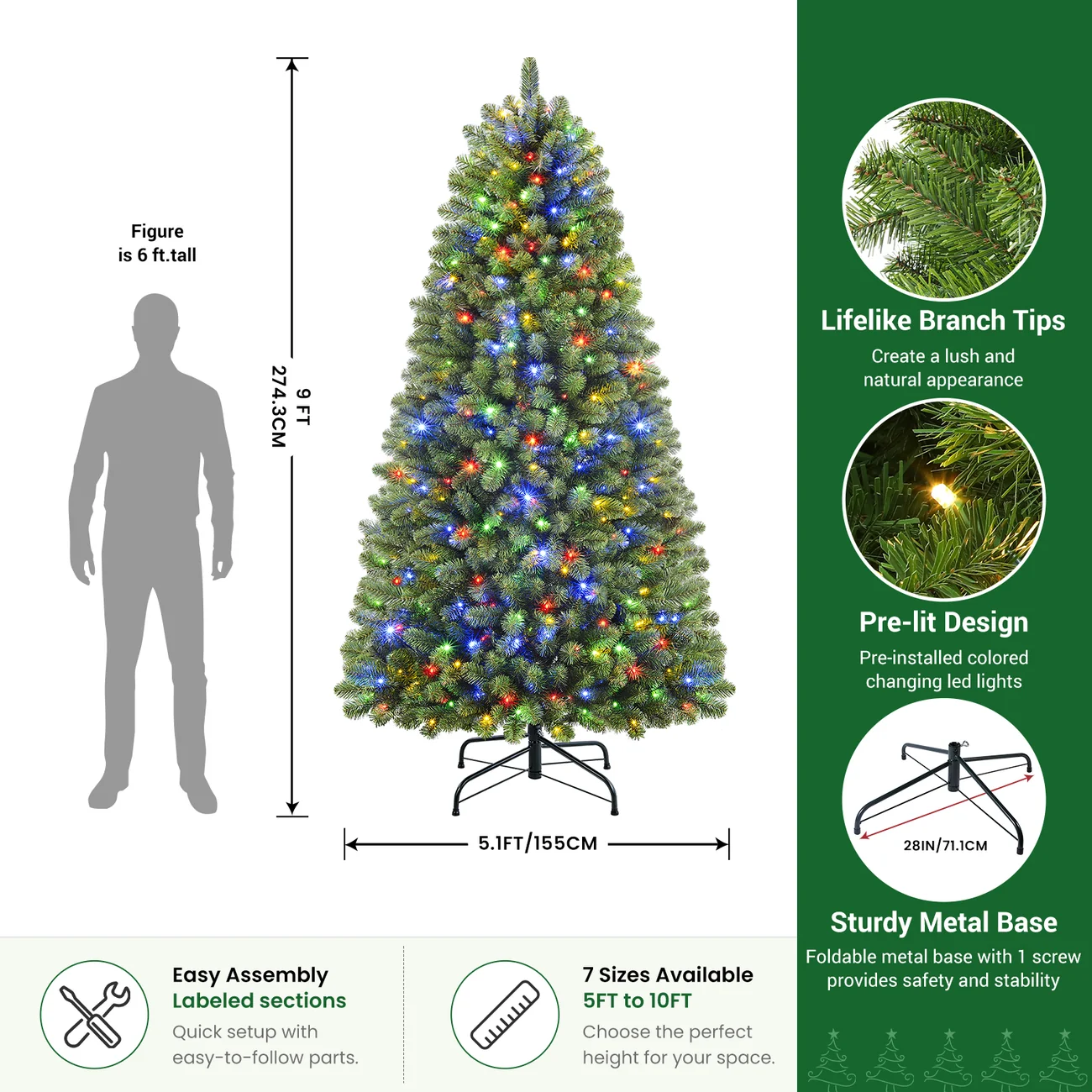 Artificial Christmas Tree with Pre-lit Classic Spruce Multi-Color LED Lights - Image 15