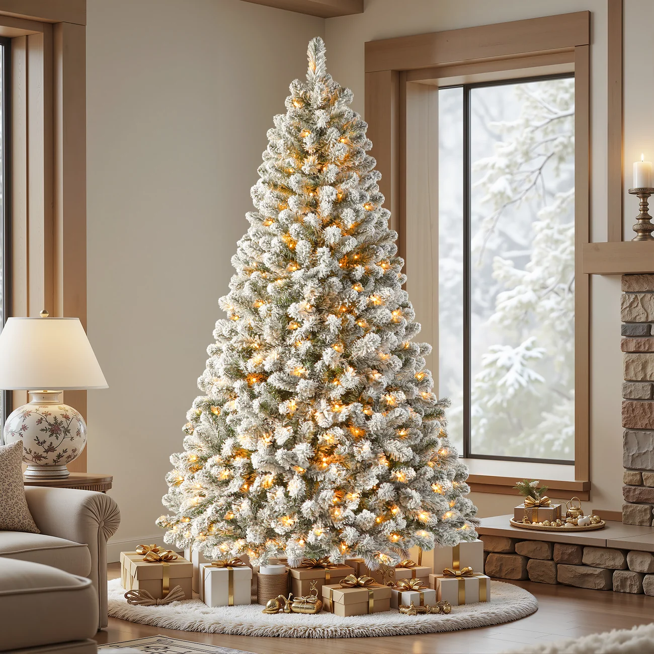 White Flocked Spruce Artificial Christmas Trees with Multi-Color Lights - Image 18
