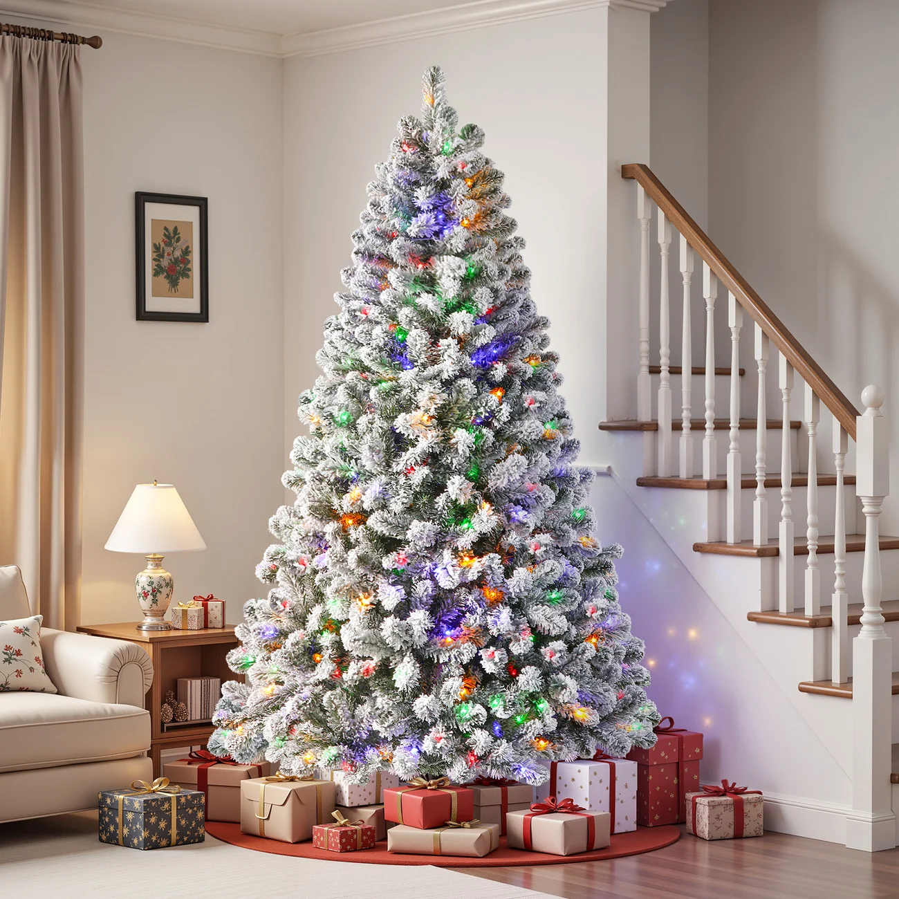 White Flocked Spruce Artificial Christmas Trees with Multi-Color Lights - Image 19