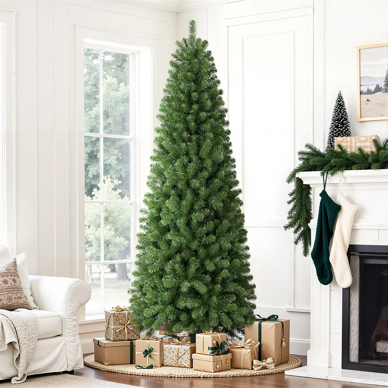 Classic Spruce Artificial Slim Pencil Christmas Tree with Warm White Lights - Image 2