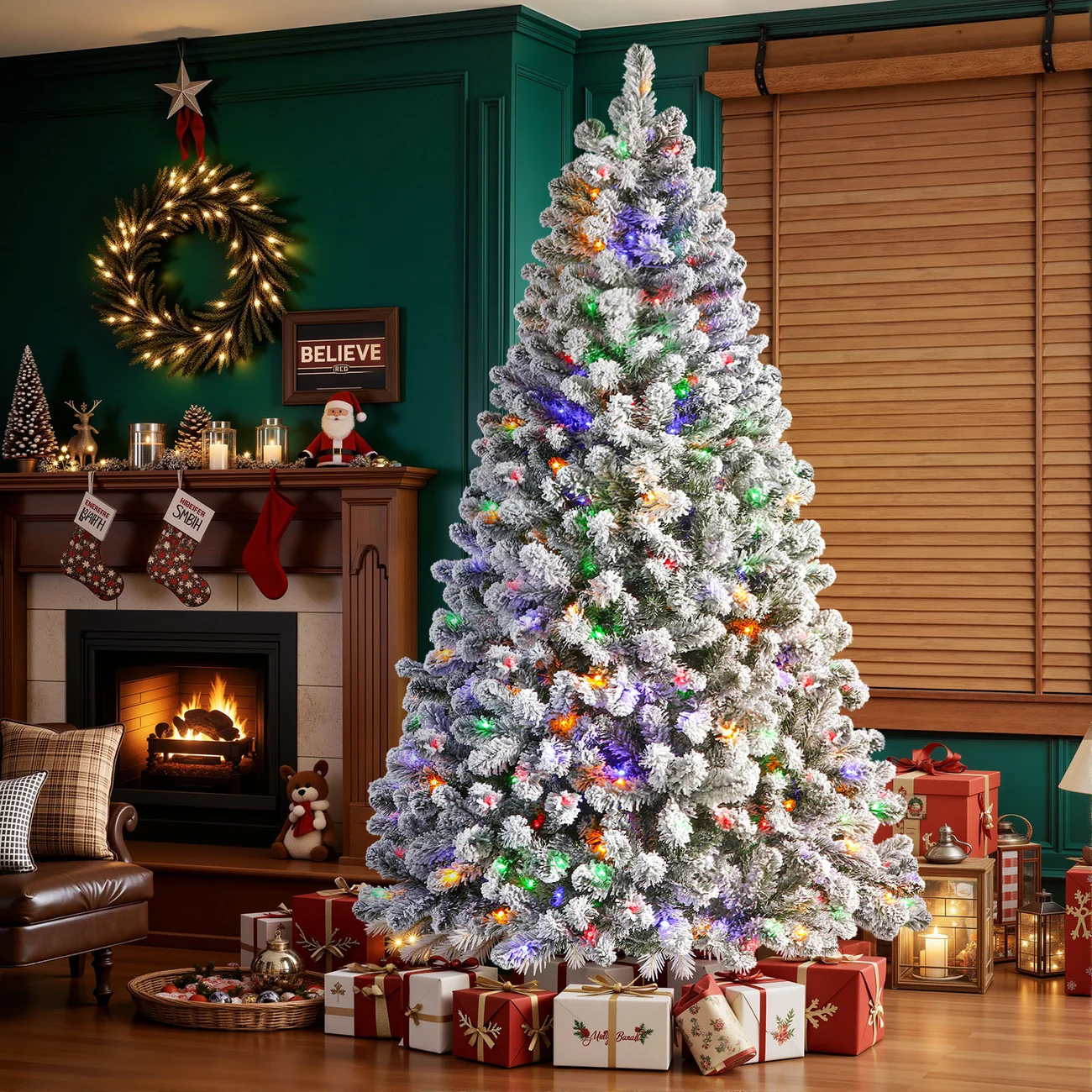 White Flocked Spruce Artificial Christmas Trees with Multi-Color Lights - Image 2
