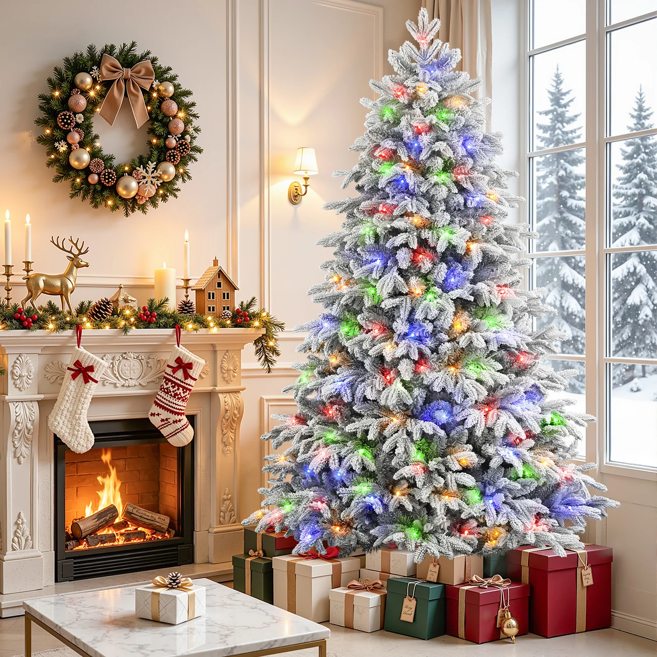 Flocked Cedar Pre-Lit Christmas Tree with 17-Mode Multicolor Lights & Remote, 5.5–7.5 FT - Image 3