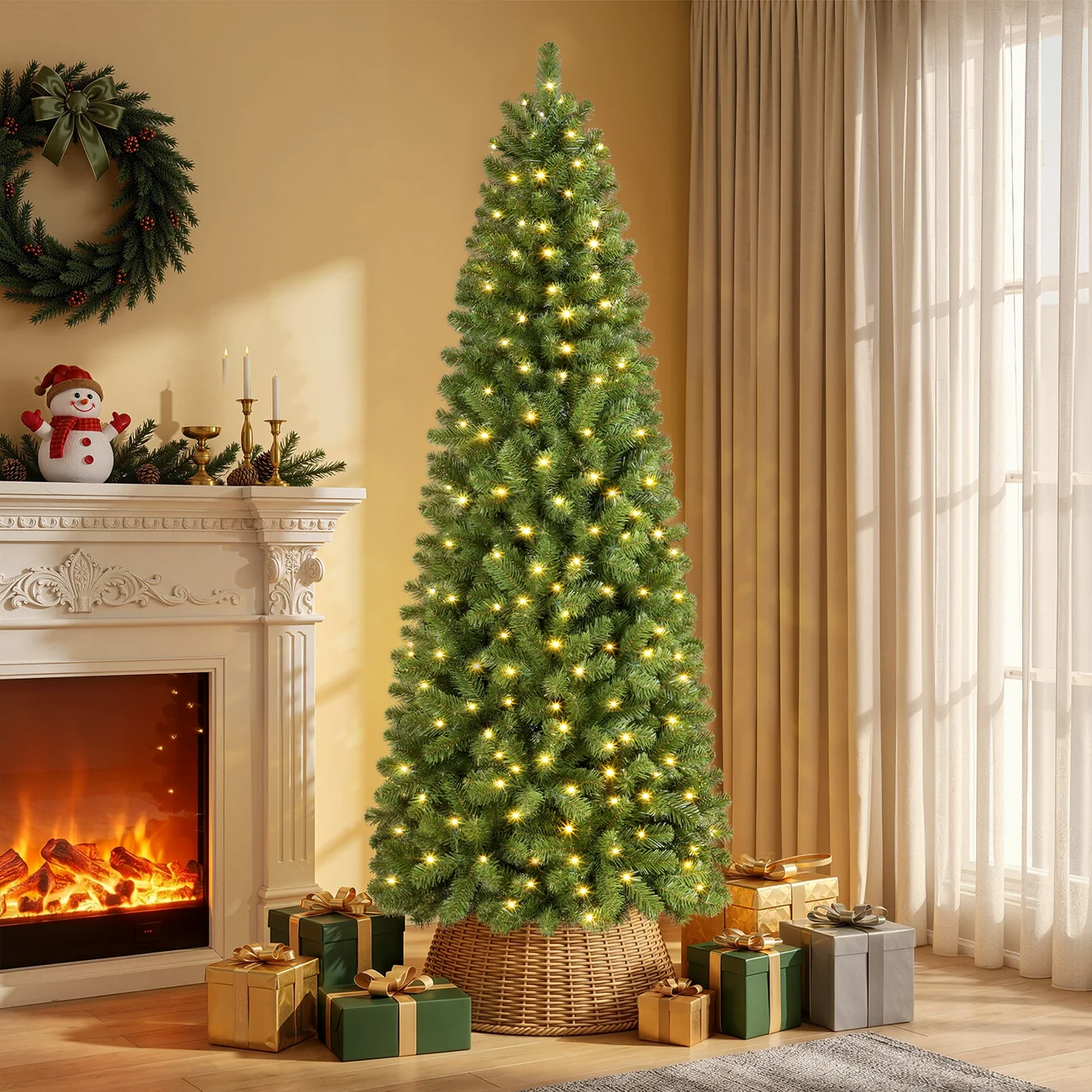 Classic Spruce Artificial Slim Pencil Christmas Tree with Warm White Lights - Image 3