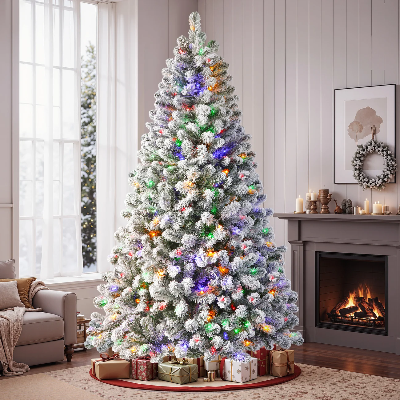 White Flocked Spruce Artificial Christmas Trees with Multi-Color Lights - Image 3