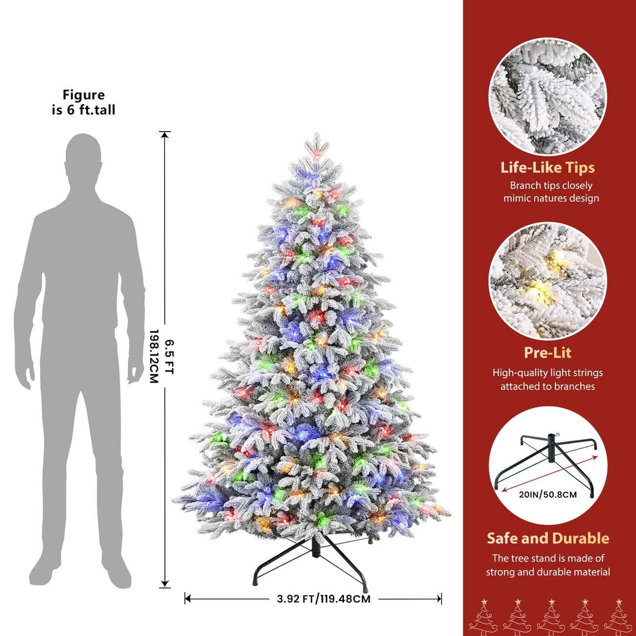 Flocked Cedar Pre-Lit Christmas Tree with 17-Mode Multicolor Lights & Remote, 5.5–7.5 FT - Image 6