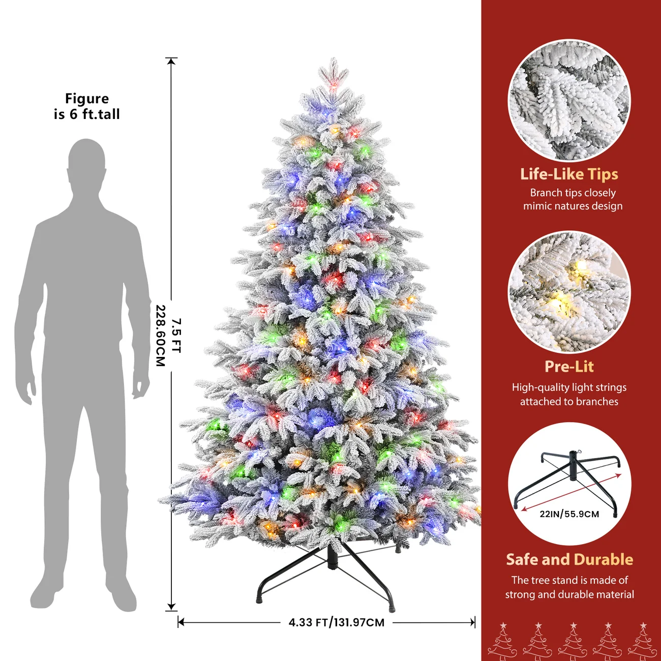 Flocked Cedar Pre-Lit Christmas Tree with 17-Mode Multicolor Lights & Remote, 5.5–7.5 FT - Image 8