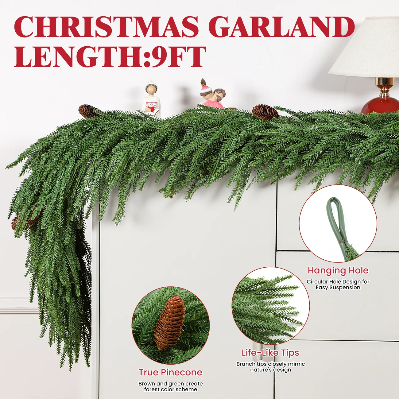 Norfolk Pine Christmas Garland with Pinecones – Realistic PE, 6FT/9FT - Image 9