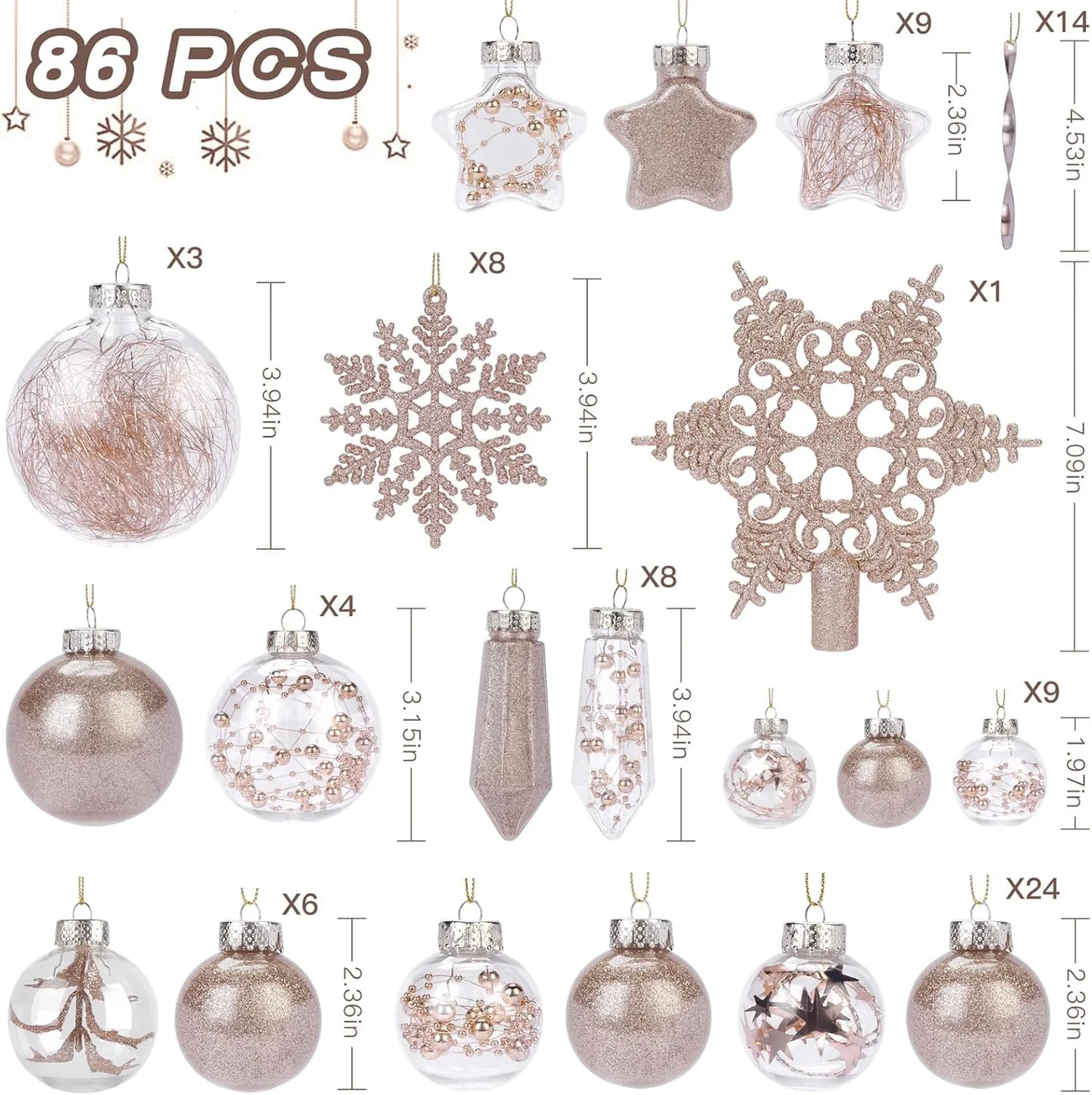 86PCS Champagne Christmas Ornaments – Clear Christmas Tree Ornament Set - Image 3