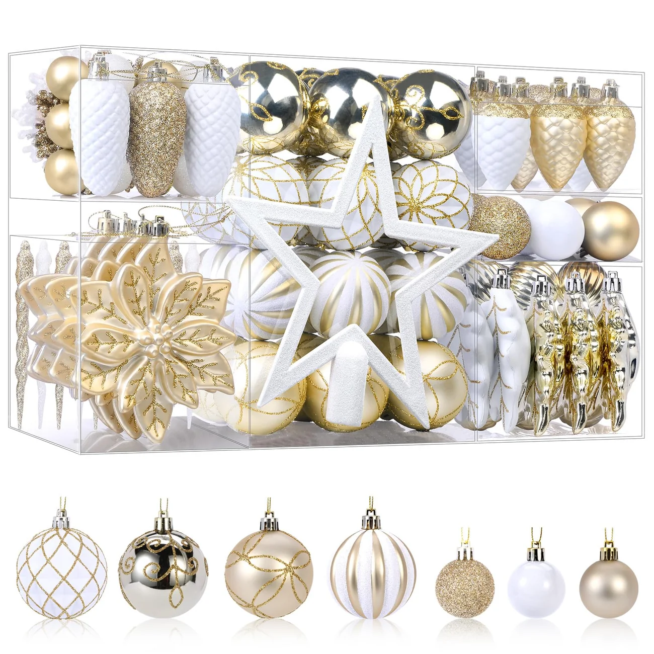 106-piece Gold and White Ornament Set of Christmas ball ornaments