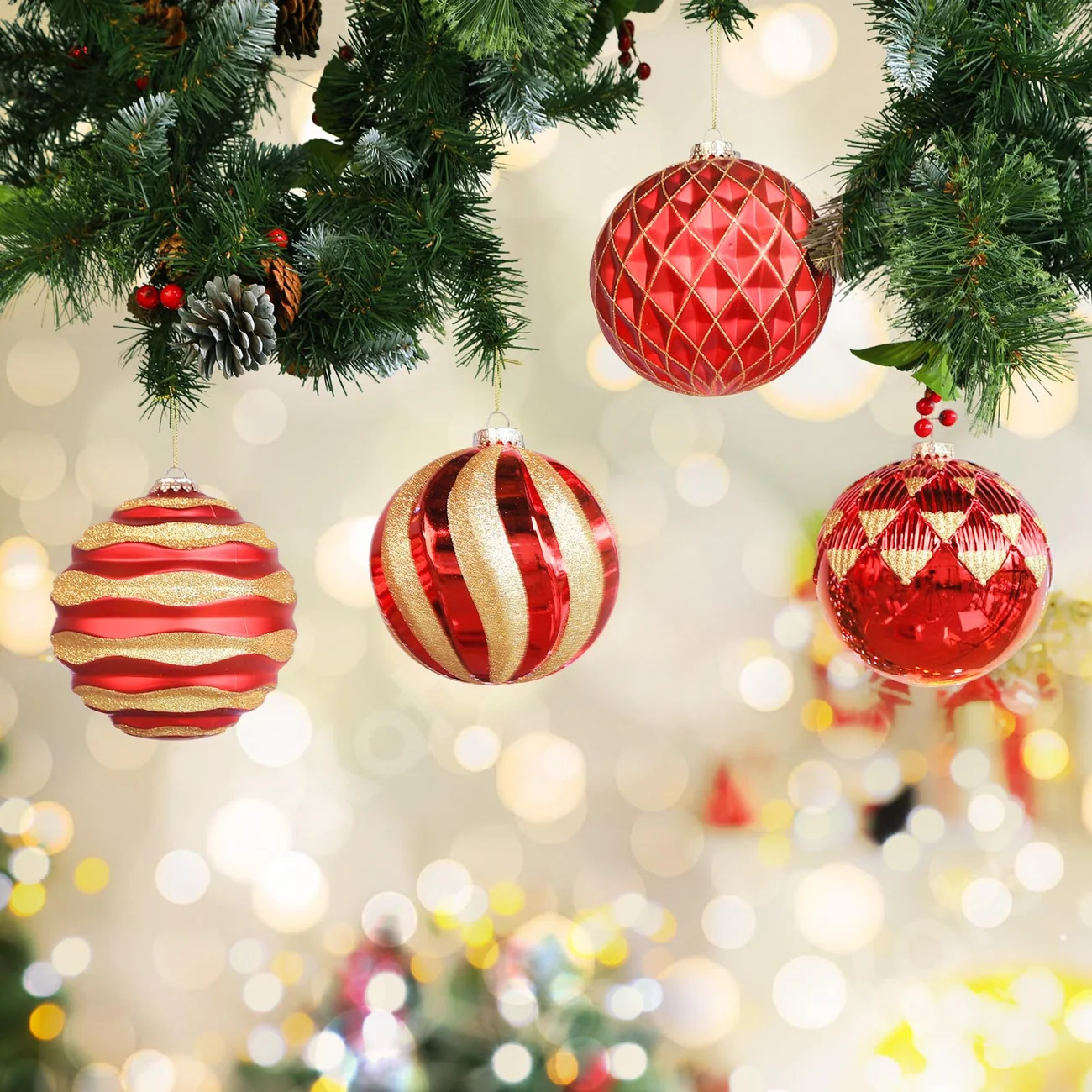 4Pcs Large Christmas Ball Ornaments – Red and Gold, 6 Inch / 150mm - Image 3