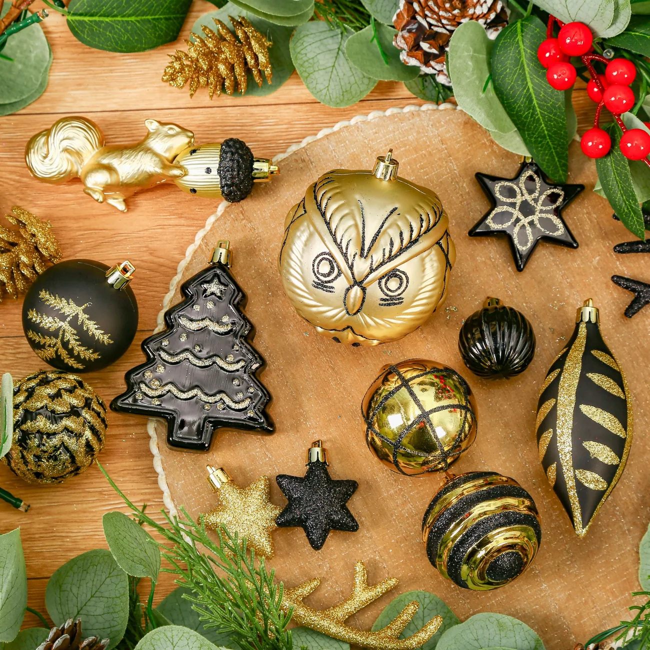 96pcs Black and Gold Christmas Ornaments Set with Forest Theme and Animal Designs - Image 2