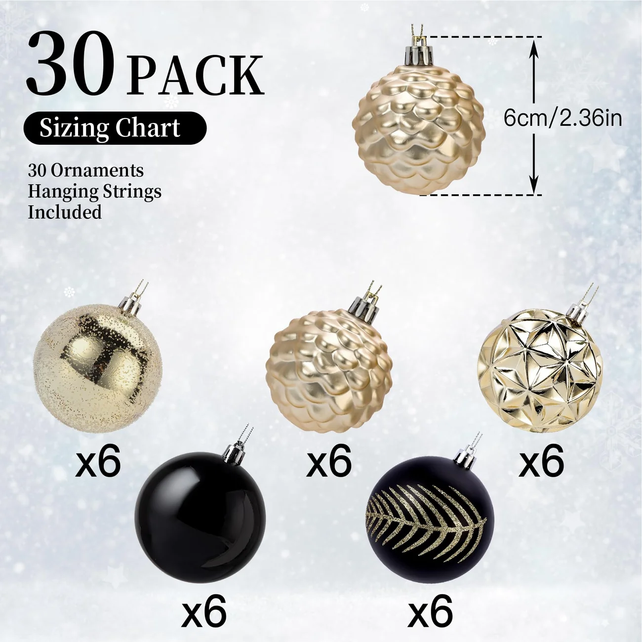 30ct Black and Gold Christmas Balls – 2.36 Inch Christmas Tree Ornaments - Image 2