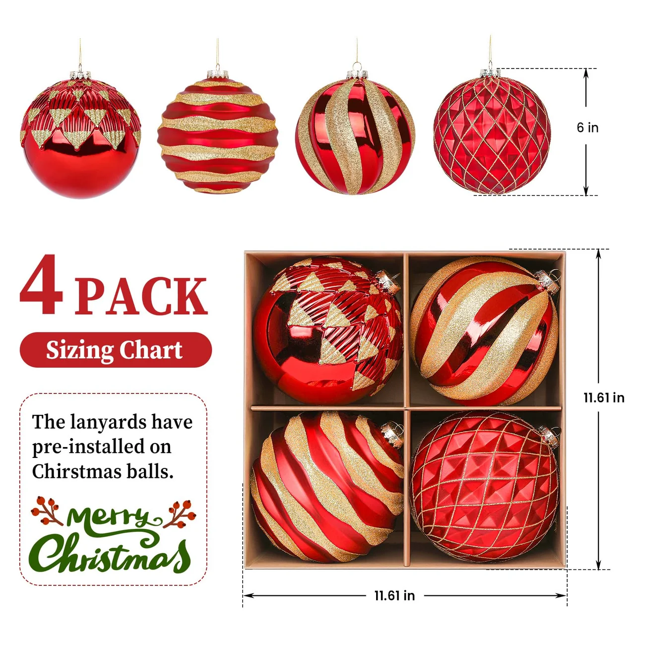 4Pcs Large Christmas Ball Ornaments – Red and Gold, 6 Inch / 150mm - Image 4