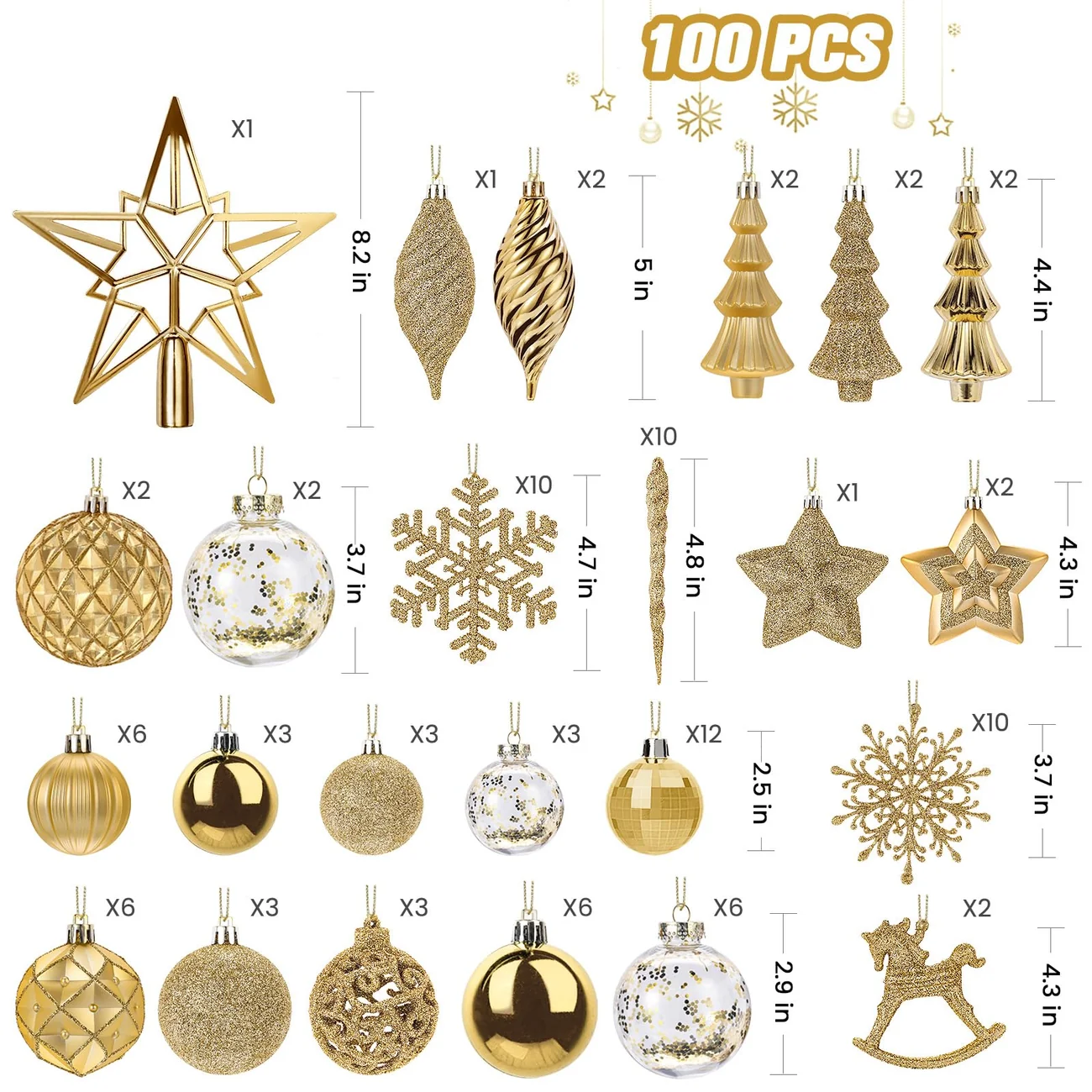 Luxury Gold Christmas Ornaments – 100-Piece Christmas Tree Ornament Set - Image 3