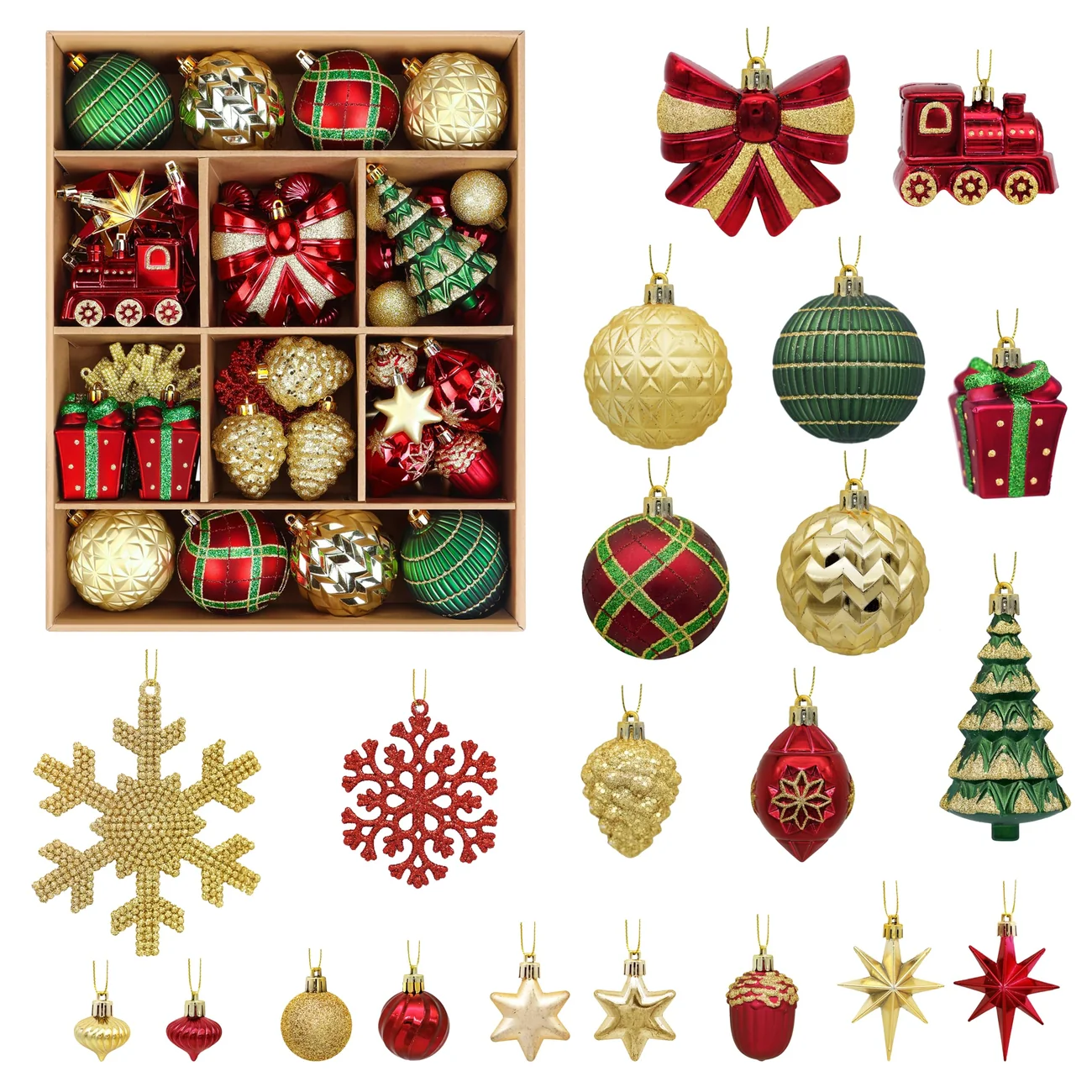 82pcs Gold Red and Green Christmas Balls Ornaments Set with Hanging Strings - Image 4