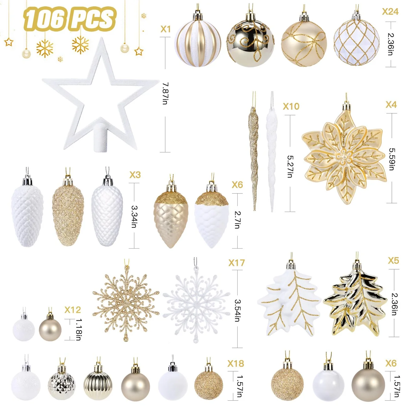 106PCS Gold and White Ornament Set – Christmas Ball Ornaments - Image 4