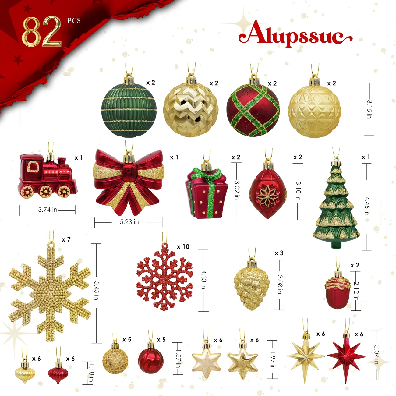 82pcs Gold Red and Green Christmas Balls Ornaments Set with Hanging Strings - Image 5