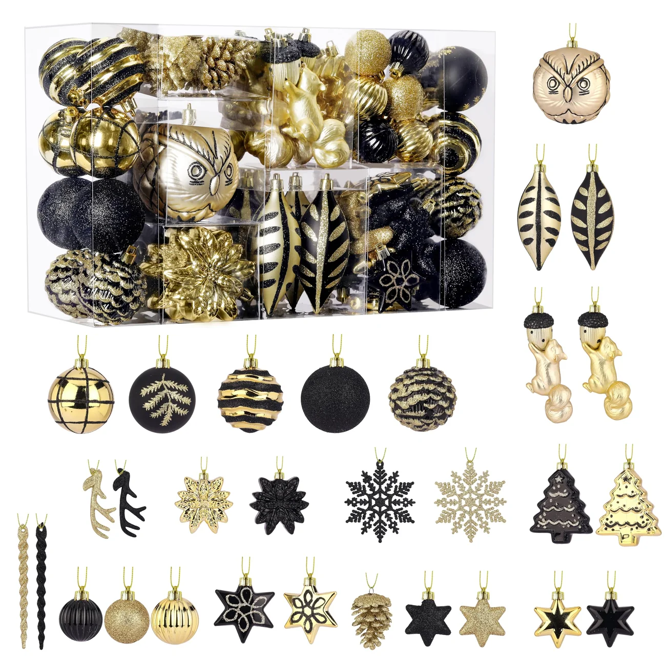 96pcs Black and Gold Christmas Ornaments Set with Forest Theme and Animal Designs - Image 5