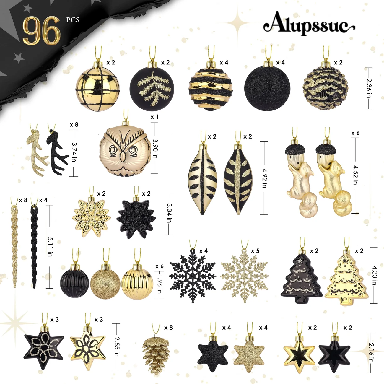 96pcs Black and Gold Christmas Ornaments Set with Forest Theme and Animal Designs - Image 6